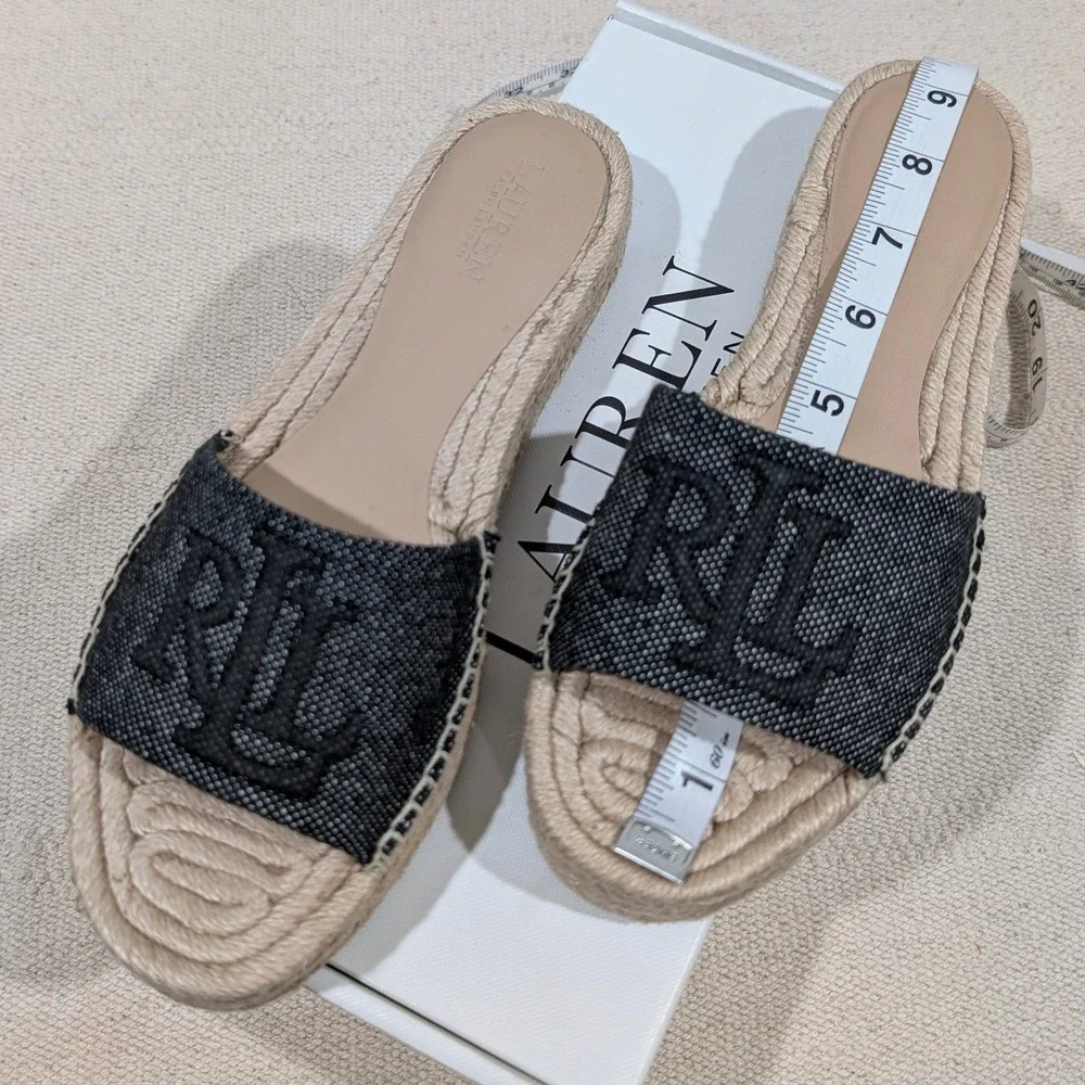 Lauren Ralph Lauren Polly Logo 2 Espadrille Slide Sandals‎ Natural Black 7B NIB
